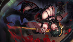 Rule 34 | 1girl, ass, bare shoulders, black dress, blood, blood on arm, blood on breasts, blood on face, bloody weapon, blush, breasts, cleavage, dress, dual wielding, earrings, hairband, highres, holding, holding weapon, jewelry, jumping, large breasts, qblade, short dress, solo, spikes, spy x family, weapon, yor briar