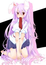 Rule 34 | 1girl, absurdres, all fours, animal ears, bare legs, barefoot, dress shirt, highres, long hair, looking at viewer, lying, mouth hold, necktie, on floor, on side, pleated skirt, purple hair, rabbit ears, red eyes, red necktie, reisen udongein inaba, shirt, short sleeves, skirt, solo, touhou, very long hair, white shirt, yukina (masyumaro610)