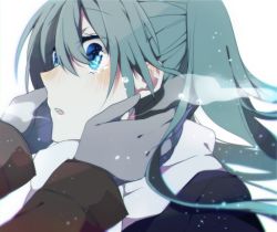 Rule 34 | 1girl, aqua hair, asagao minoru, blue eyes, blush, breath, bright background, close-up, coat, commentary request, gloves, hair between eyes, hajimete no koi ga owaru toki (vocaloid), hatsune miku, long hair, long sleeves, open mouth, out of frame, scarf, simple background, solo focus, steam, tears, twintails, vocaloid