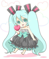 Rule 34 | 1girl, apple, aqua eyes, barefoot, blue hair, chibi, dress, food, fruit, hatsune miku, heart, holding, holding food, holding fruit, long hair, nuemaru, open mouth, solo, strapless, strapless dress, twintails, very long hair, vocaloid