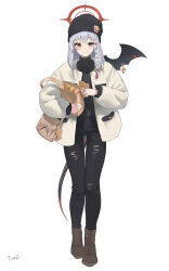 Rule 34 | 1girl, artist name, bag, beanie, black hat, black pants, black shirt, black wings, blue archive, blush, boots, braid, brown footwear, cross-laced footwear, fake wings, food, full body, grey hair, halo, haruna (blue archive), hat, highres, holding, holding food, jacket, long hair, long sleeves, open clothes, open jacket, open mouth, pants, paper bag, red eyes, red halo, shirt, side braid, signature, simple background, single wing, smile, solo, taiyaki, tomid, wagashi, white background, white jacket, wings