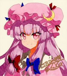 Rule 34 | 1girl, bad id, bad pixiv id, blue bow, blush, bow, closed mouth, crescent, crescent hat ornament, hat, hat bow, hat ornament, long hair, looking at viewer, mob cap, patchouli knowledge, pink hat, purple eyes, purple hair, qqqrinkappp, red bow, shikishi, signature, smile, solo, touhou, traditional media, upper body, white background