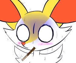 Rule 34 | 1girl, animal ear fluff, animal ears, animal nose, blank eyes, blush, body fur, braixen, closed mouth, creatures (company), eating, eryz, female focus, food, fox ears, fox girl, furry, furry female, game freak, gen 6 pokemon, jpeg artifacts, motion lines, mouth hold, nervous, nintendo, o o, pocky, pokemon, pokemon (creature), sketch, snout, solo, sweat, nervous sweating, trembling, turn pale, two-tone fur, upper body, white eyes, white fur, yellow fur