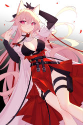 Rule 34 | 1girl, animal ears, arknights, ascot, asymmetrical gloves, black bra, black gloves, bra, breasts, cape, cleavage, elbow gloves, envelope, feet up, fingerless gloves, gloves, gradient background, grey background, hair between eyes, hair intakes, hair ornament, hands up, high-waist skirt, highres, holding, holding envelope, large breasts, long hair, looking at viewer, mismatched gloves, pink eyes, pink hair, pouch, pozyomka (arknights), red skirt, rx7649, simple background, skirt, solo, thigh pouch, underwear, very long hair, white ascot, white cape, wolf ears, wolf girl
