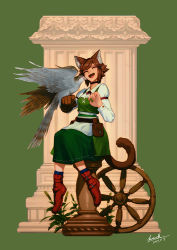Rule 34 | 1girl, animal ears, animal on arm, bird, bird on arm, black choker, brown gloves, brown hair, cat ears, cat tail, cattail, choker, closed eyes, clothing request, dated, fang, gloves, green background, green skirt, kionaoki, long sleeves, medium hair, open mouth, original, pillar, plant, pouch, red footwear, signature, simple background, single glove, sitting, skirt, solo, tail, wheel