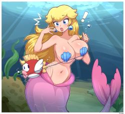 Rule 34 | !, 1girl, :o, blonde hair, blue eyes, blush, breasts, cheep cheep, female focus, highres, huge breasts, long hair, looking at viewer, mario (series), mermaid, mermaid tail, monster girl, nintendo, princess peach, seashell, shell, simmsy, solo, super mario bros. 1, surprised, tail, underwater, water
