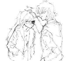 Rule 34 | 1boy, 1girl, age difference, aida kensuke, angry, breasts, cleavage, couple, evangelion: 3.0+1.0 thrice upon a time, eyepatch, face-to-face, glasses, grin, hand in pocket, hand on head, head pat, height difference, jacket, long hair, neon genesis evangelion, open clothes, open jacket, panties, rebuild of evangelion, smile, souryuu asuka langley, underwear