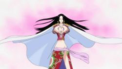 Rule 34 | 1girl, amazon lily, black hair, blue eyes, boa hancock, breasts, cape, earrings, female focus, gradient background, jewelry, large breasts, long hair, midriff, one piece, skirt, solo, thighs, white background