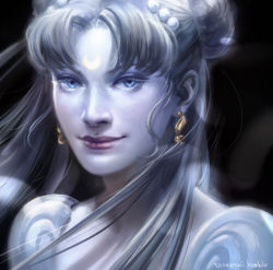 Rule 34 | 1girl, artist name, beads, bishoujo senshi sailor moon, blonde hair, blue eyes, crescent, crescent earrings, double bun, earrings, facial mark, forehead mark, hair beads, hair ornament, highres, jewelry, lipstick, makeup, portrait, princess serenity, realistic, rennerei, signature, smile, solo, tsukino usagi, twintails