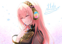 Rule 34 | 1girl, anniversary, black shirt, blue nails, commentary, eighth note, closed eyes, gold trim, grin, hand on own chin, hand up, headphones, long hair, mamo (fortune-mm), megurine luka, musical note, nail polish, pink hair, rainbow, shirt, signature, smile, solo, upper body, vocaloid