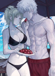 Rule 34 | 1boy, 1girl, bikini, black bikini, blonde hair, blush, breasts, cleavage, cloud, cloudy sky, collarbone, earrings, facial scar, feeding, food, fruit, gintama, hetero, highres, holding, holding food, holding fruit, jewelry, large breasts, looking at another, navel, open mouth, outdoors, plate, ponytail, profile, sakata gintoki, scar, scar on cheek, scar on face, short hair, sky, strawberry, swimsuit, topless male, tsukuyo (gintama), veins, veiny arms, white hair, zakirsiz