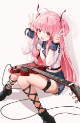 Rule 34 | 1girl, :d, absurdres, ahoge, angel beats!, black footwear, blouse, blue skirt, double v, electric guitar, fang, guitar, hair ornament, hands up, highres, instrument, leg belt, long hair, long sleeves, looking at viewer, midriff, miniskirt, open mouth, pink eyes, pink hair, pleated skirt, pro-p, school uniform, shirt, shoes, simple background, sitting, skirt, smile, solo, thigh strap, thighs, two side up, v, very long hair, white background, white shirt, yui (angel beats!)
