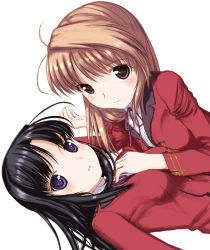 Rule 34 | 2girls, antenna hair, arm between breasts, between breasts, black hair, blush, breasts, brown eyes, brown hair, closed mouth, expressionless, fortune arterial, from side, girl on top, hair ornament, hand on another&#039;s chest, kuze kiriha, long hair, long sleeves, looking at viewer, looking to the side, lying, mocha, multiple girls, on back, parted lips, pink ribbon, purple eyes, ribbon, school uniform, serafuku, simple background, small breasts, smile, tareme, uniform, white background, x hair ornament, yuri, yuuki haruna
