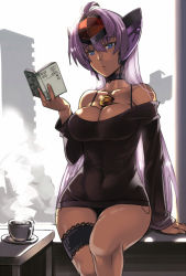 Rule 34 | 00s, 1girl, akinaie, alternate costume, arm support, bare shoulders, blue eyes, book, bra strap, breasts, casual, choker, cleavage, covered navel, cup, curvy, cyborg, dark-skinned female, dark skin, dress, large breasts, bridal garter, legs, long hair, open book, purple hair, reading, revision, short dress, sitting, solo, t-elos, thigh strap, thighs, very long hair, xenosaga