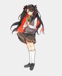 Rule 34 | 1girl, alternate costume, black hair, breasts, collared shirt, colored inner hair, fate/grand order, fate (series), flower, full body, holding, ishtar (fate), kabutomushi s, kneehighs, long hair, long sleeves, looking at viewer, multicolored hair, parted bangs, pleated skirt, red hair, ribbon, shirt, skirt, small breasts, socks, solo, space ishtar (fate), sweater vest, two-tone hair, two side up, vest, white shirt