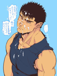 Rule 34 | 1boy, bara, bare shoulders, berserk, black hair, blue background, blue tank top, blush, collarbone, enaki (mtmti), food, food on face, guts (berserk), male focus, muscular, one eye closed, pectorals, scar, scar on face, scar on nose, sexually suggestive, short hair, sleeveless, suggestive fluid, tank top, toned, toned male, torn clothes, translation request, twitter username, upper body, white eyes