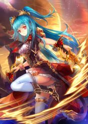 Rule 34 | 1girl, aqua hair, ass, bad id, bad pixiv id, black skirt, brown sky, dagger, dual wielding, hair ornament, high heels, holding, knife, leg belt, long hair, looking at viewer, motion blur, original, outdoors, pink eyes, planet, pointy ears, quad tails, shente (sharkpunk), skirt, slashing, solo, standing, standing on one leg, thighhighs, twintails, two side up, weapon, white thighhighs