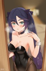 Rule 34 | 1girl, absurdres, aqua eyes, bare arms, bare shoulders, black choker, black hair, black leotard, blurry, bow, breasts, breath, brown pantyhose, choker, cleavage, collarbone, covered navel, depth of field, doorway, genshin impact, groin, hair bow, highleg, highleg leotard, highres, kemile, leotard, long hair, looking at viewer, medium breasts, mona (genshin impact), no headwear, pantyhose, parted lips, playboy bunny, pov doorway, solo, strapless, strapless leotard, twintails, very long hair, wrist cuffs