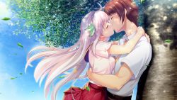 Rule 34 | 1girl, against tree, blue hairband, blue sky, breast press, brown hair, collared shirt, couple, courreges ace, day, dress shirt, closed eyes, floating hair, from side, game cg, hairband, hatsuaki souta, hetero, highres, himekami ayame, hug, kiss, long hair, miniskirt, necktie, official art, outdoors, pleated skirt, red skirt, sailor collar, sailor shirt, shirt, short hair, short sleeves, silver hair, skirt, sky, solo, tree, very long hair, watashi ga suki nara &quot;suki&quot; tte itte!, white shirt, wing collar, yellow necktie