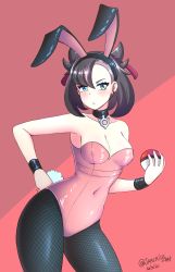 Rule 34 | 1girl, absurdres, animal ears, asymmetrical bangs, black collar, black hair, black hairband, blue eyes, breasts, collar, contrapposto, covered erect nipples, covered navel, cowboy shot, creatures (company), dated, earrings, eyebrows hidden by hair, fake animal ears, fake tail, fishnet pantyhose, fishnets, game freak, hairband, hand on own hip, highres, holding, holding poke ball, jarckius, jewelry, leotard, marnie (pokemon), medium breasts, nintendo, pantyhose, playboy bunny, poke ball, poke ball (basic), pokemon, pokemon swsh, rabbit ears, rabbit tail, solo, strapless, strapless leotard, tail, twitter username