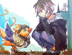 Rule 34 | 1boy, alpha (ff14), bird, black footwear, black jacket, blue pants, brown hair, closed mouth, crossover, fengtian (artist), hair between eyes, hands on own cheeks, hands on own face, highres, hood, hood down, hooded jacket, jacket, long sleeves, male focus, multicolored hair, name connection, off shoulder, open clothes, open jacket, origin alpha, outdoors, pants, pink hair, red eyes, saibou shinkyoku, shirt, short hair, sketch, sleeves past wrists, smile, squatting, two-tone hair, white shirt