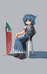 Rule 34 | 1girl, absurdres, advent cirno, blue bow, blue dress, blue eyes, blue hair, bow, brown footwear, cirno, closed mouth, dress, full body, grey background, hair bow, highres, nyztsune, short sleeves, shoulder guard, simple background, sitting, smile, solo, touhou, twitter username, watermelon sword