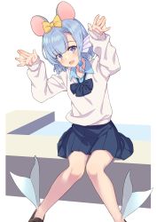 Rule 34 | 1girl, absurdres, animal ears, blue bow, blue hair, blue shirt, blue skirt, blush, bow, brown footwear, chinese zodiac, elliot leucosia, enjo kouhai, fins, fish girl, hair bow, hair ornament, head fins, highres, long sleeves, looking at viewer, monster girl, mouse ears, open mouth, orange bow, shirt, short hair, simple background, sitting, skirt, smile, solo, takunomi, uniform, webbed hands, white background, white shirt, year of the rat, yellow bow