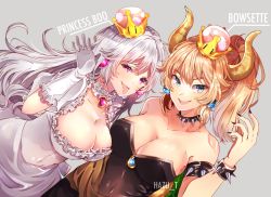 Rule 34 | 2girls, armlet, artist name, bare shoulders, black dress, black nails, blonde hair, blue eyes, bowsette, bracelet, breasts, character name, choker, cleavage, collar, collarbone, covered navel, crown, dress, earrings, frilled choker, frills, gloves, grey background, hazu t, horns, jewelry, large breasts, long hair, looking at viewer, luigi&#039;s mansion, mario (series), multiple girls, nail polish, new super mario bros. u deluxe, nintendo, open mouth, ponytail, princess king boo, purple eyes, salute, sharp teeth, short hair, simple background, smile, spiked armlet, spiked bracelet, spiked collar, spikes, super crown, teeth, tongue, tongue out, white choker, white dress, white gloves, white hair