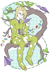 Rule 34 | 1boy, artist name, blonde hair, colored skin, earrings, flat color, full body, highres, holding, jewelry, jojo no kimyou na bouken, lolitaii, male focus, necktie, pannacotta fugo, paper airplane, petals, signature, sitting, solo, transparent background, tree, white skin, yellow eyes