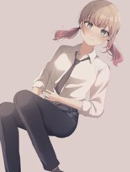 Rule 34 | 1girl, belt, belt buckle, black belt, black necktie, black pants, blush, breasts, brown background, brown eyes, brown hair, buckle, closed mouth, collared shirt, commentary request, ear piercing, earrings, feet out of frame, highres, jewelry, long hair, long sleeves, looking at viewer, low twintails, necktie, original, pants, piercing, shirt, simple background, small breasts, solo, stud earrings, tsuruse, twintails, white shirt