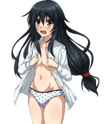 Rule 34 | 1girl, black hair, blush, collared shirt, dress shirt, flat chest, hair between eyes, hatsushimo (kancolle), kantai collection, long hair, low-tied long hair, navel, no bra, open clothes, open mouth, open shirt, panties, polka dot, polka dot panties, red eyes, shirt, simple background, solo, standing, stomach, sweat, tareme, thighs, unbuttoned, unbuttoned shirt, underwear, undressing, very long hair, white background, white panties, white shirt, wing collar, zanntetu