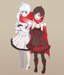 Rule 34 | 2girls, alternate costume, blue eyes, boots, cross-laced footwear, grey eyes, hayami ritsu, high heel boots, high heels, knee boots, lace-up boots, multiple girls, pantyhose, red hair, ruby rose, rwby, scarf, shared clothes, shared scarf, thigh boots, thighhighs, wedge heels, weiss schnee, white hair