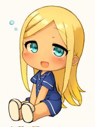 Rule 34 | 1girl, blonde hair, blue eyes, blue pajamas, blush, buttons, chibi, commentary request, dark skin, highres, idolmaster, idolmaster cinderella girls, layla (idolmaster), long hair, looking at viewer, mugenhouyou, open mouth, pajamas, parted bangs, short sleeves, shorts, sidelocks, sitting, squeans, slippers, smile, solo, white footwear