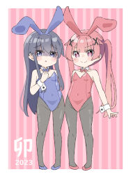 Rule 34 | 2girls, :o, animal ears, bare shoulders, black hair, black pantyhose, blue bow, blue bowtie, blue hairband, blue leotard, blush stickers, bow, bowtie, closed mouth, collar, commentary request, detached collar, fake animal ears, groin, hair ornament, hairband, highres, kapuru 0410, leotard, long hair, looking at viewer, multiple girls, pantyhose, parted lips, playboy bunny, purple eyes, rabbit ears, red bow, red bowtie, red hair, red hairband, red leotard, shirosaki hana, smile, standing, strapless, strapless leotard, striped, striped background, tanemura koyori, twintails, v-shaped eyebrows, vertical stripes, very long hair, watashi ni tenshi ga maiorita!, white collar, wing collar, wrist cuffs, x hair ornament