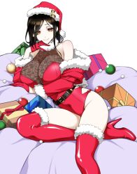 1girl boots braid breasts brown_hair christmas fur-trimmed_boots fur-trimmed_headwear fur_boots fur_trim gift gloves grey_hair hair_ornament hair_over_one_eye hat koishikawa large_breasts long_braid long_hair looking_at_viewer merry_christmas multicolored_hair nijisanji orange_eyes red_footwear red_gloves red_hat santa_boots santa_costume santa_gloves santa_hat shirayuki_tomoe single_braid smile virtual_youtuber