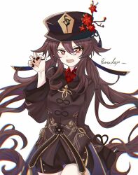 Rule 34 | 1girl, arm behind back, artist name, black nails, brown coat, brown hair, brown hat, brown shorts, coat, cowboy shot, flower, genshin impact, hair between eyes, hat, hat flower, hat tassel, highres, hu tao (genshin impact), jewelry, light blush, long hair, long sleeves, looking at viewer, open mouth, red eyes, ring, shorts, simple background, solo, star-shaped pupils, star (symbol), symbol-shaped pupils, twintails, white background, wxy201014