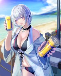 Rule 34 | 1girl, 3 small spiders, absurdres, alternate costume, bare shoulders, beach, bikini, black bikini, black choker, blue sky, blush, breasts, can, choker, cleavage, collarbone, commentary, drink can, feet out of frame, girls&#039; frontline, giving, hair ornament, hairclip, highres, holding, light purple hair, looking at viewer, medium breasts, navel, open mouth, purple eyes, rpk-16 (girls&#039; frontline), short hair, sky, smile, soda can, solo, standing, swimsuit