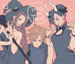 Rule 34 | 1boy, 2girls, aerith gainsborough, aruhino, asymmetrical bangs, bare arms, black dress, black hair, black headwear, blonde hair, blue shirt, blush, bracelet, breasts, brown hair, china dress, chinese clothes, cleavage, cleavage cutout, clenched hands, clothing cutout, cloud strife, double bun, dress, final fantasy, final fantasy vii, final fantasy vii remake, flower, green eyes, hair between eyes, hair bun, half-closed eyes, halloween, hat, hat flower, holding, holding staff, horns, jewelry, long hair, medium breasts, multiple girls, one eye closed, open mouth, parted bangs, pink background, pointing, ponytail, red eyes, shirt, short hair, side slit, sidelocks, sleeveless, sleeveless dress, sleeveless turtleneck, smile, speech bubble, spiked hair, staff, strapless, strapless dress, suspenders, sweatdrop, tifa lockhart, tifa lockhart (sporty dress), trick or treat, turtleneck, upper body, w arms, witch, witch hat