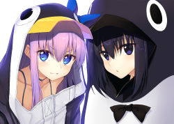 Rule 34 | 2girls, animal costume, animal hood, black hair, blue eyes, blue ribbon, bow, bowtie, bra strap, collarbone, fate/extra, fate/extra ccc, fate/grand order, fate (series), hair bow, highres, hood, hood up, hoodie, kuonji alice, long hair, mahou tsukai no yoru, meltryllis (fate), meltryllis (swimsuit lancer) (first ascension) (fate), multiple girls, parted lips, penguin costume, purple eyes, purple hair, ribbon, simple background, smile, suga hideo, type-moon, white background