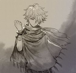 Rule 34 | 1boy, bracelet, cape, gloves, hair over one eye, jewelry, looking at viewer, male focus, monochrome, octopath traveler, octopath traveler i, scarf, short hair, simple background, solo, therion (octopath traveler), uboar, white hair