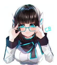 Rule 34 | 1girl, baocaizi, black bow, black hair, blue-framed eyewear, blue eyes, blush, bow, breasts, closed mouth, commentary request, glasses, hands up, headgear, highres, humagear headphones, izu (kamen rider 01), jacket, kamen rider, kamen rider 01 (series), large breasts, long sleeves, simple background, smile, solo, white background, white jacket