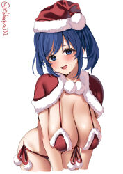 Rule 34 | 1girl, bikini, blue eyes, blue hair, blush, breasts, capelet, christmas, cleavage, cowboy shot, cropped legs, ebifurya, fur-trimmed capelet, fur trim, hanging breasts, hat, highres, kantai collection, large breasts, leaning forward, long hair, looking at viewer, one-hour drawing challenge, open mouth, pom pom (clothes), raised eyebrows, red bikini, red capelet, red hat, santa bikini, santa hat, side-tie bikini bottom, simple background, smile, solo, souryuu (kancolle), strap gap, swimsuit, twintails, twitter username, v arms, white background