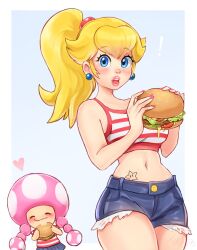 Rule 34 | 2girls, artist name, blonde hair, blue eyes, braid, breasts, burger, cleavage, denim, denim shorts, eating, happy, highres, large breasts, legs, long hair, looking at viewer, mario (series), midriff, multiple girls, navel, nintendo, open mouth, pink hair, pink lips, ponytail, princess peach, shirt, short shorts, shorts, skirt, smile, stomach tattoo, striped clothes, striped shirt, tank top, tattoo, tattoo on belly, teeth, thick thighs, thighs, toadette, topsieturvy, twin braids