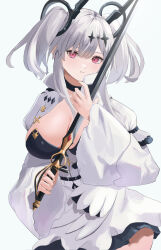 Rule 34 | 1girl, absurdres, azur lane, black choker, breasts, choker, cleavage, commentary request, grey hair, hair ornament, highres, holding, holding sword, holding weapon, joffre (azur lane), large breasts, long sleeves, red eyes, remapack77, sword, twintails, weapon