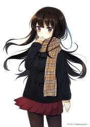 Rule 34 | 1girl, black coat, black pantyhose, blush, coat, enpera, eyebrows, heterochromia, long hair, looking at viewer, midorikawa you, mole, mole under mouth, original, pantyhose, plaid, plaid scarf, pleated skirt, purple eyes, red eyes, red skirt, scarf, simple background, skirt, sleeves past wrists, solo, watermark, web address, white background, wind