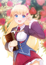 Rule 34 | 1girl, blonde hair, blue eyes, blush, book, breasts, commentary request, eyelashes, flower, fukuro daizi, hair ornament, hairband, hairclip, hand up, highres, holding, holding book, honkai (series), honkai impact 3rd, isaac newton (honkai impact), leaf, long hair, long sleeves, looking at viewer, open mouth, pleated skirt, red flower, red hairband, red rose, rose, skirt, solo, teeth, tongue, upper teeth only