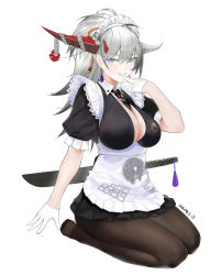 Rule 34 | 1girl, absurdres, apron, asymmetrical horns, azur lane, between breasts, black dress, black necktie, black pantyhose, breasts, center opening, dress, earrings, finger to mouth, gloves, grey eyes, hair between eyes, hair on horn, hakuryuu (azur lane), hakuryuu (slice dice and serve) (azur lane), half gloves, highres, horns, jewelry, large breasts, long hair, looking at viewer, maid headdress, mismatched horns, multiple horns, necktie, necktie between breasts, no shoes, official alternate costume, pantyhose, puffy short sleeves, puffy sleeves, red horns, short dress, short sleeves, silver hair, simple background, soles, solo, sword, sword behind back, weapon, white apron, white background, white gloves, white horns, zi ge cai qu