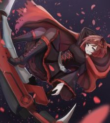Rule 34 | 1girl, black dress, black hair, boots, breasts, cape, cloak, corset, crescent rose, dress, frilled dress, frills, full body, hood, hooded cloak, medium breasts, red cape, red hair, ruby rose, rwby, scythe, short hair, grey eyes, solo, thighhighs