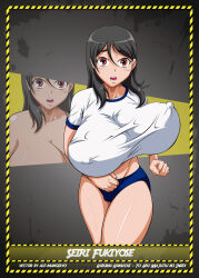 Rule 34 | 1girl, a certain high school gym uniform, absurdres, ale-mangekyo, alternate legwear, artist name, bare arms, black hair, blue buruma, blush, border, bouncing breasts, breasts, brown eyes, buruma, cameltoe, character name, commentary, copyright name, covered erect nipples, cowboy shot, dated commentary, diagonal-striped border, fukiyose seiri, grey background, gym shirt, gym uniform, hair between eyes, highres, huge breasts, huge nipples, long bangs, long hair, looking at viewer, midriff, open mouth, shirt, short sleeves, solo, striped border, teeth, thighs, toaru majutsu no index, toaru majutsu no index: old testament, tongue, white shirt