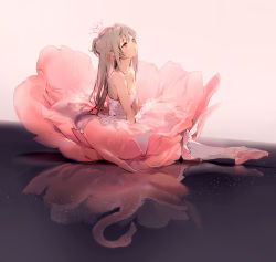 Rule 34 | 1girl, absurdres, anmi, bare shoulders, bird, breasts, brown hair, cleavage, collarbone, crown, dress, expressionless, flamingo, full body, highres, long hair, looking away, looking up, original, pantyhose, pink dress, pink footwear, red eyes, reflection, reflective floor, simple background, sitting, small breasts, solo, strapless, strapless dress, very long hair, white background, white pantyhose